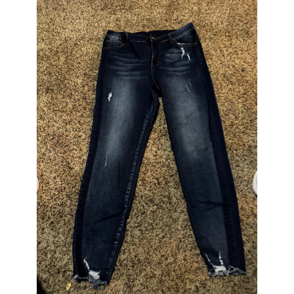 Grace & Lace Distressed Skinny Jeans Dark Wash Two Tone Side Stripe Size 16